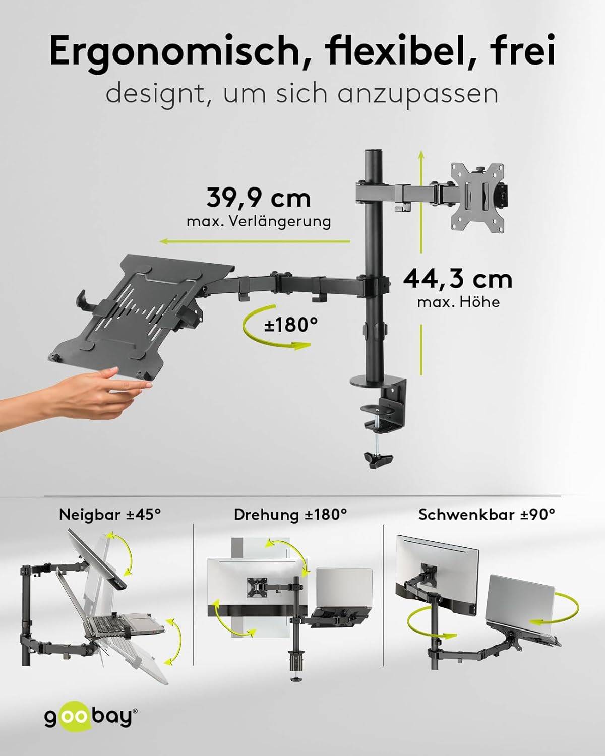 Goobay 70815 Monitorhalterung mit Laptop-Arm (4,5 kg) zur Tischmontage 33 cm (13") - 81 cm (32") schwenkbar neigbar 8 kg-2