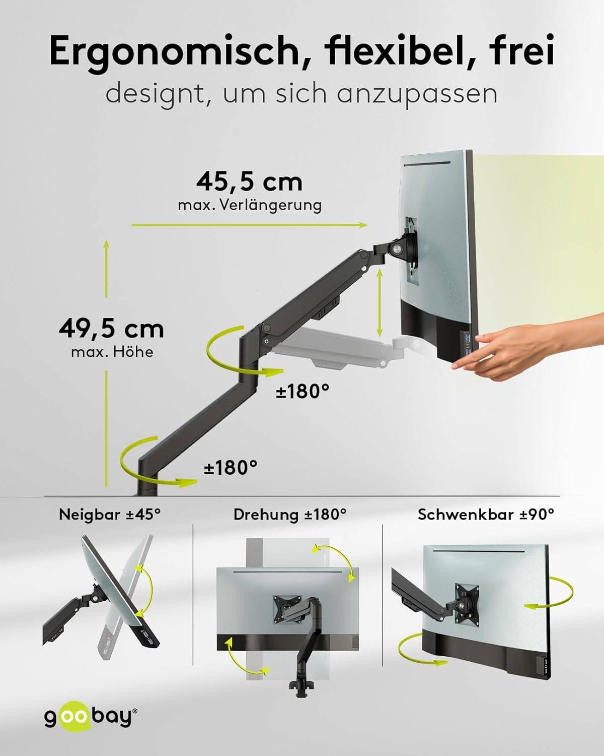 Goobay 70813 Monitorhalterung Gasdruckfeder 43 cm (17") - 81 cm (32") Tischmontage Monitorarm schwenkbar neigbar 9 kg-2