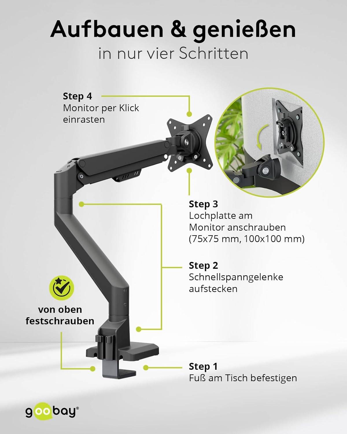 Goobay 70813 Monitorhalterung Gasdruckfeder 43 cm (17") - 81 cm (32") Tischmontage Monitorarm schwenkbar neigbar 9 kg-3