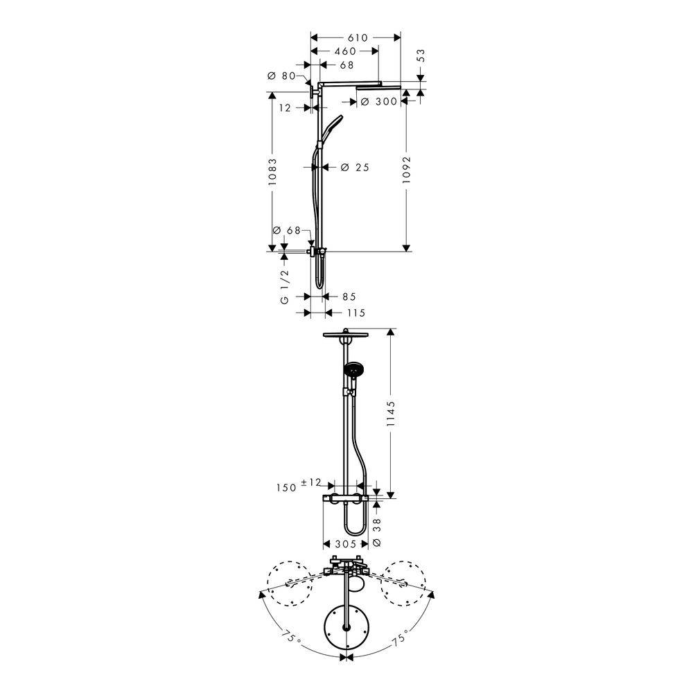 Hansgrohe Raindance S Showerpipe Duschsystem 300mm, 1jet, 16l/min, Thermostat, Chrom-2