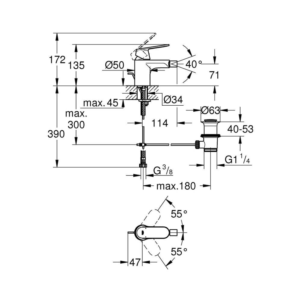 Grohe Eurosmart Cosmopolitan Einhand-Bidetbatterie, 1-Loch-Montage, 1 1/4" Zugstangen-Garnitur, Chrom, 32839000-2