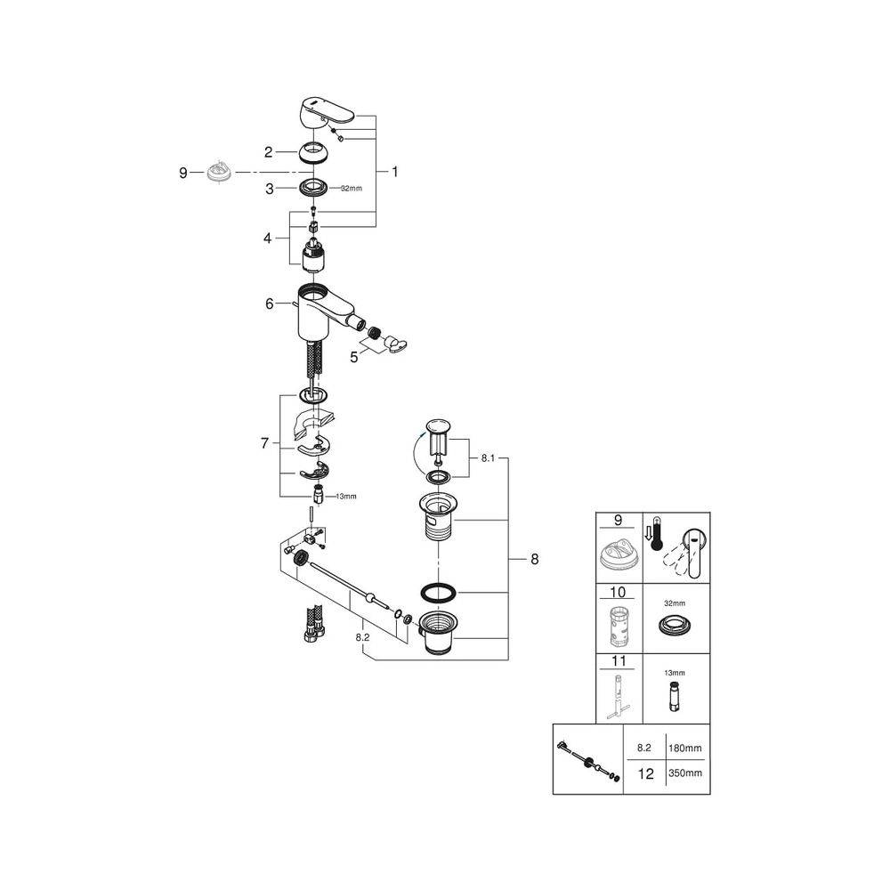 Grohe Eurosmart Cosmopolitan Einhand-Bidetbatterie, 1-Loch-Montage, 1 1/4" Zugstangen-Garnitur, Chrom, 32839000-3