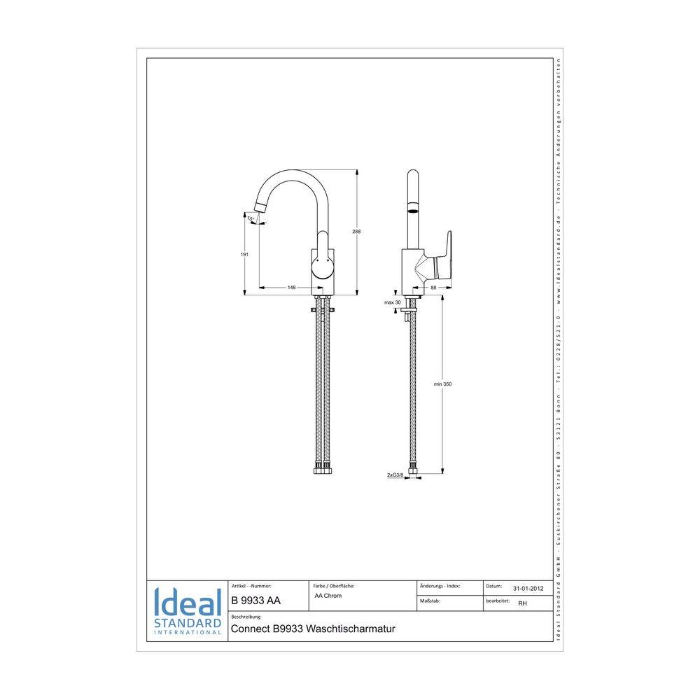 Ideal Standard Waschtisch-Armatur Connect Blue, ohne Ablgarn., mit hohem Ausl., Ausld. 146mm, Chrom-1