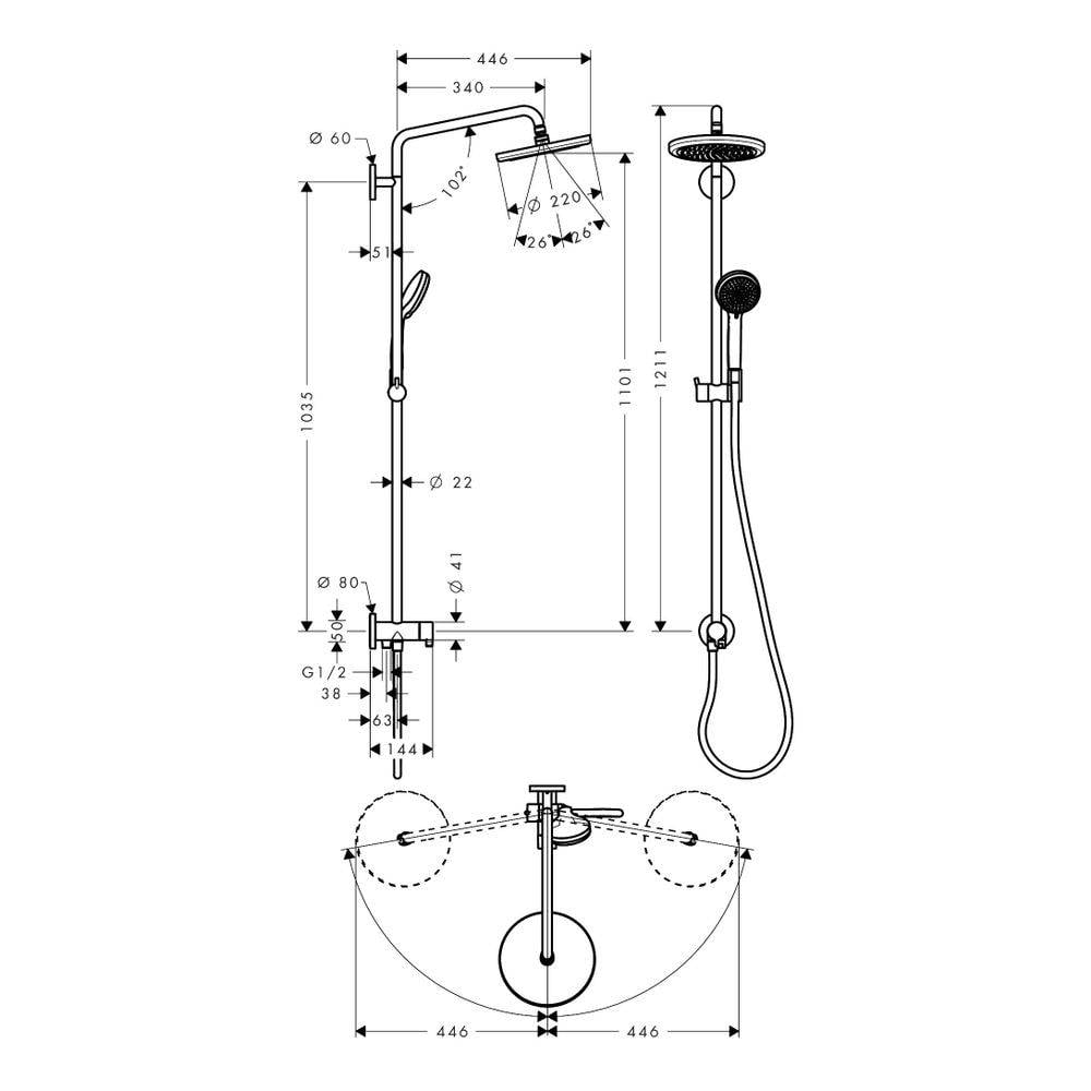 hansgrohe Croma Showerpipe 220mm 1jet 18,5l/min Reno, Chrom-3