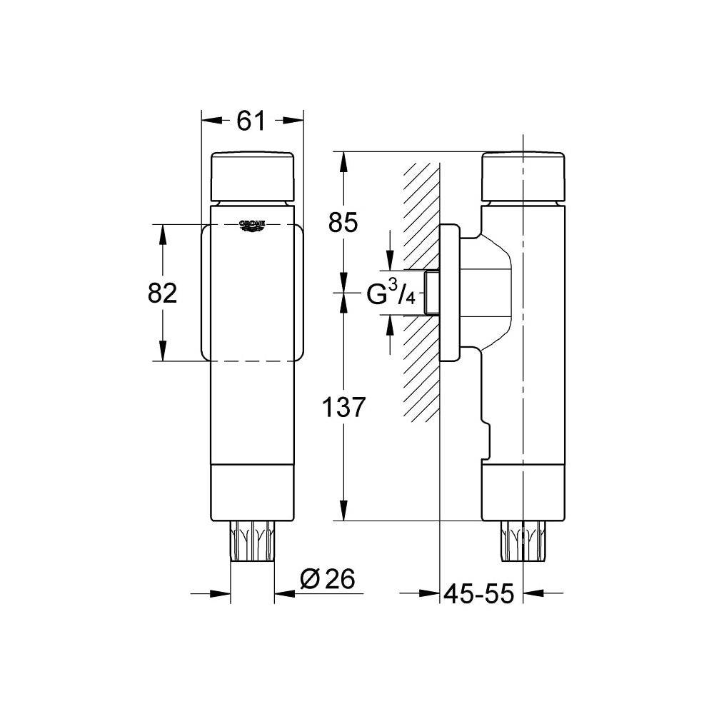 Grohe Rondo A.S. WC-Druckspüler DN 20, ohne Vorabsperrung, für Flach- und Tiefspül-WC, Chrom, 37347000-2
