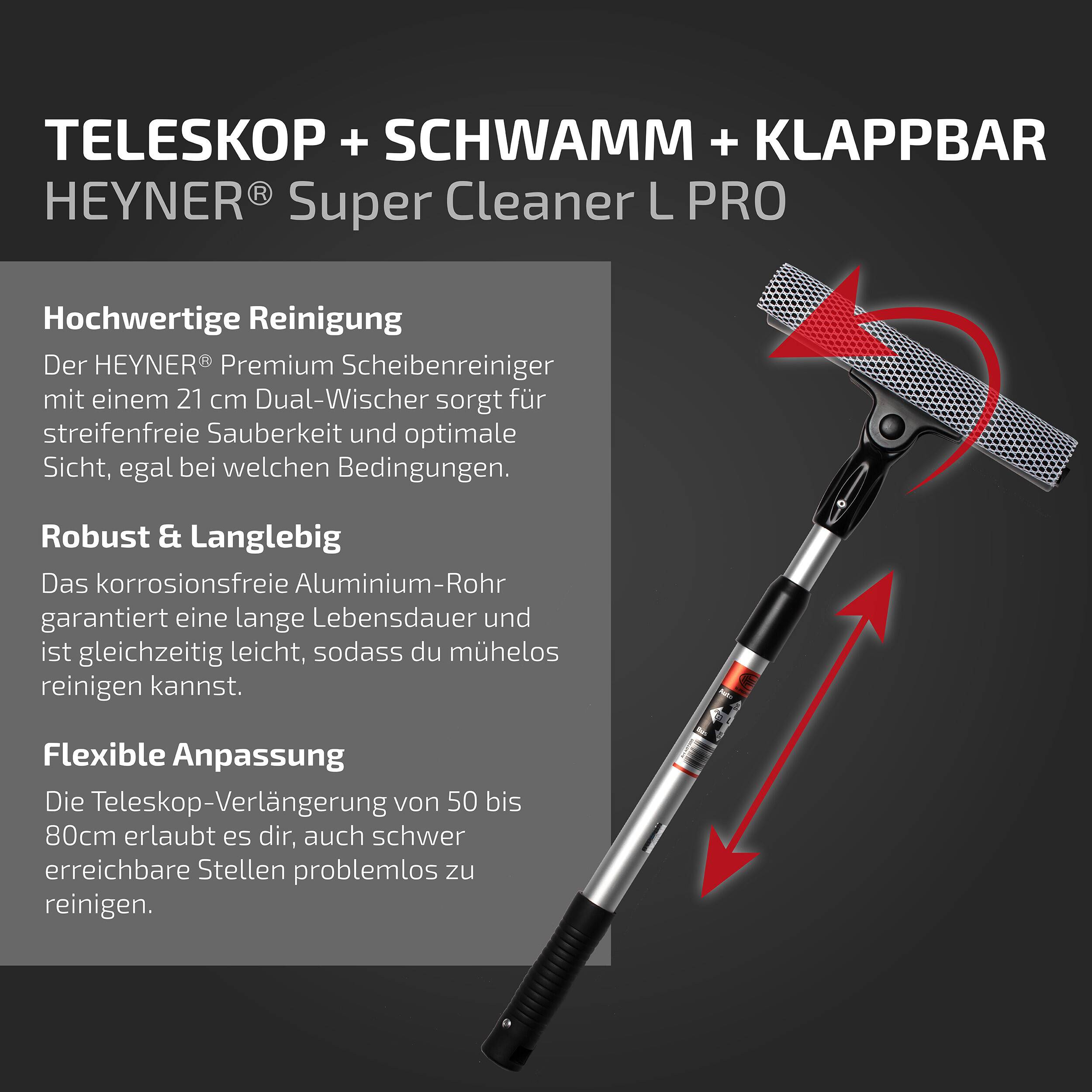 HEYNER® Scheibenreiniger 20 cm breit, faltbar, Stiel, Abzieher & Schwamm Fensterabzieher aus Aluminium, mit-1
