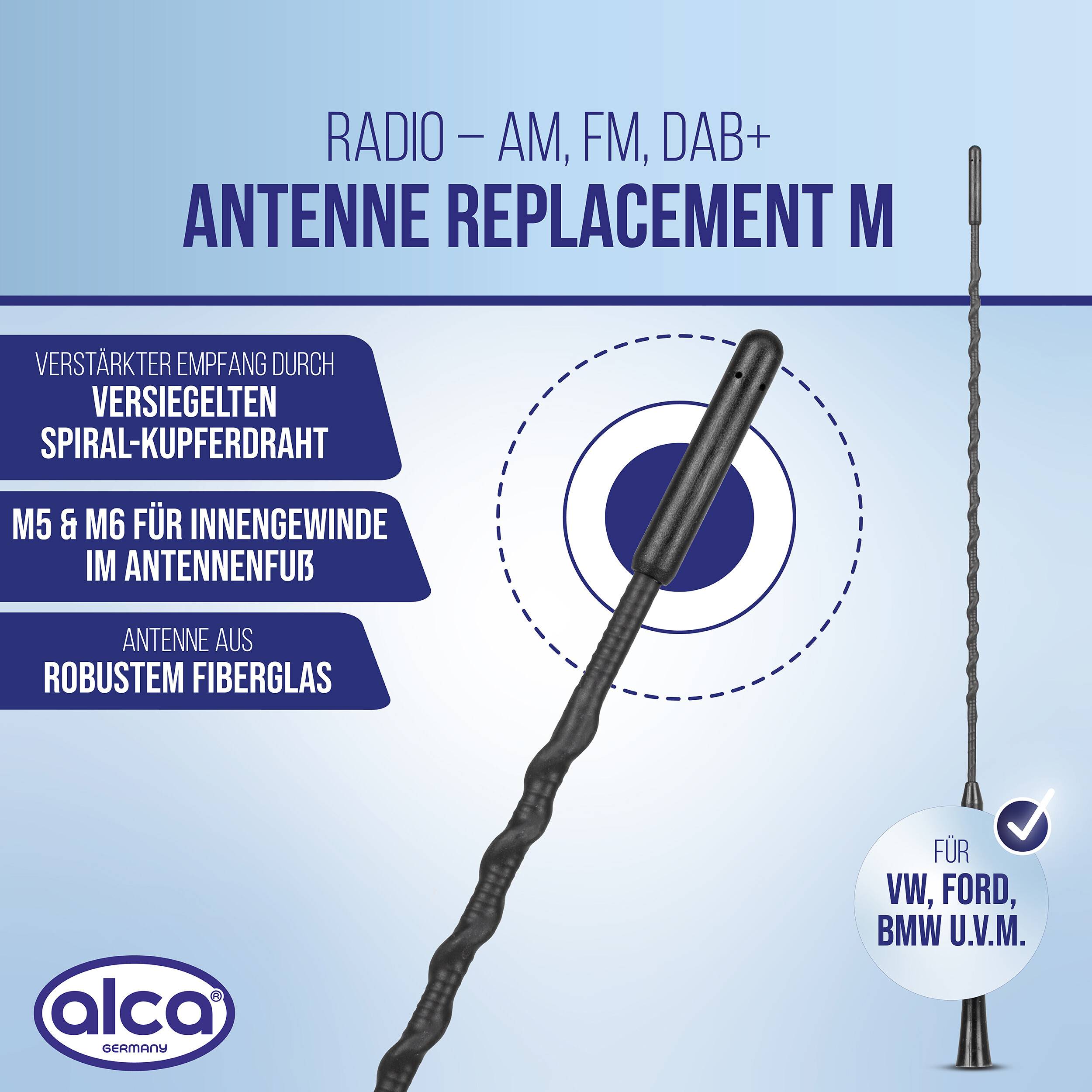 alca® Antennen-Ersatzstab für Autos, AM/FM-Betrieb, schwarz Dachantenne aus Fiberglas, für M5 & M6-1