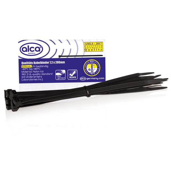 alca® Kabelbinder 50 Stk. schwarz, 7,2x200 mm Zugfestigkeit 55kg, temperaturbeständig &