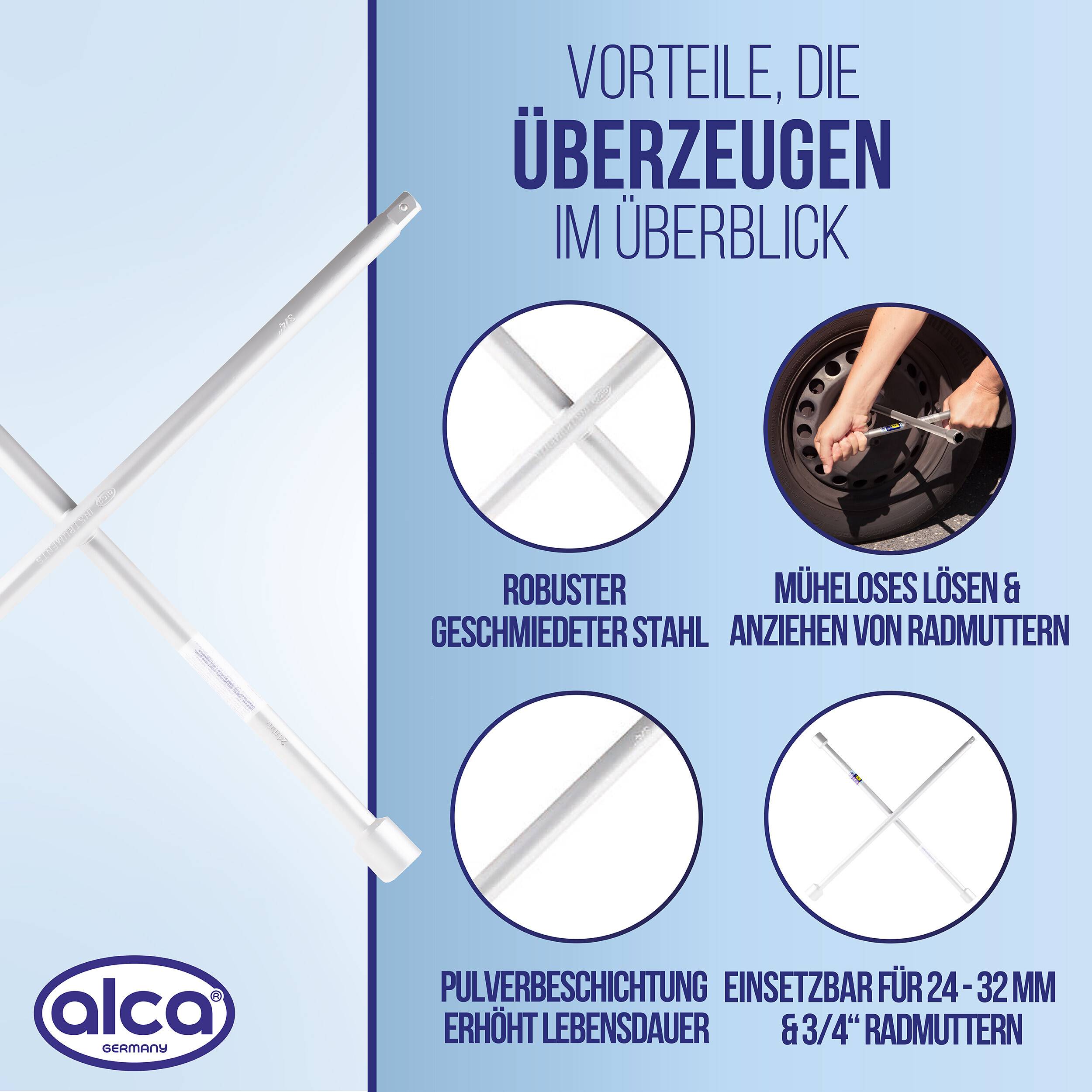 alca® Radkreuzschlüssel LKW, 24-27-32 mm Schlüsselweiten & 3/4 " Vierkant Werkzeug zum Reifenwechsel für bis zu 900Nm-4