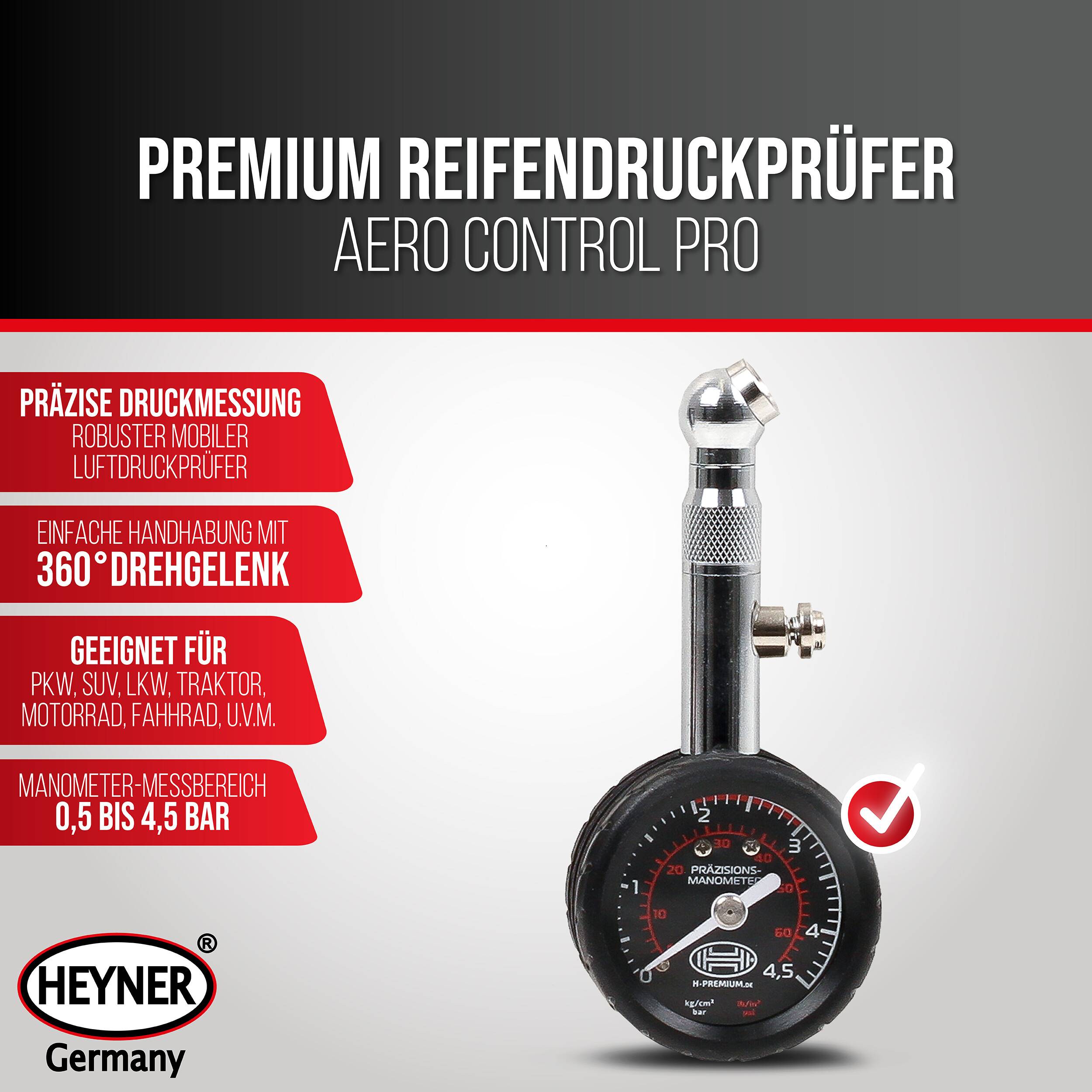 HEYNER® Reifendruckprüfer 4,5 bar, Manometer für Auto, Fahrrad & Motorrad mit Haltefunktion-1