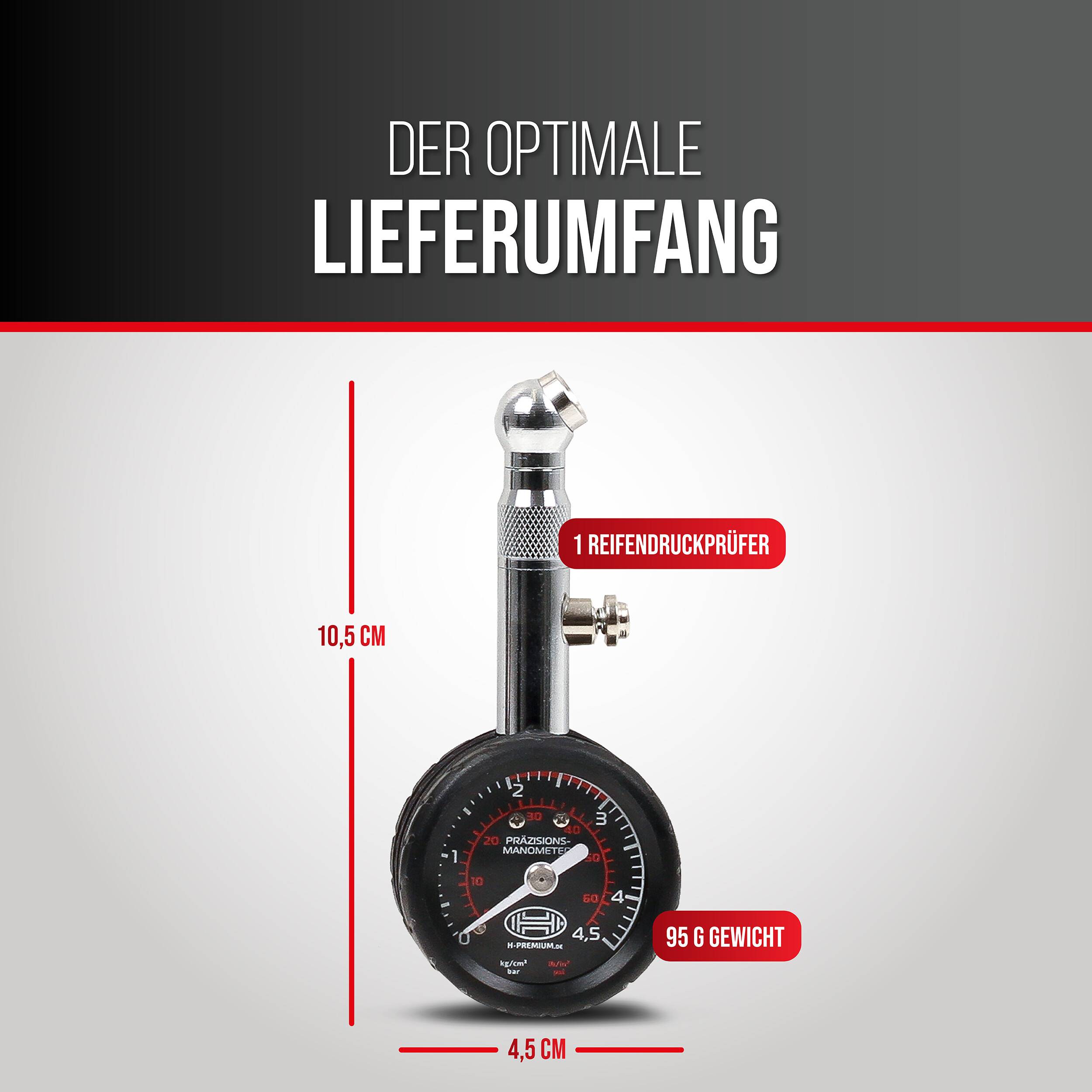 HEYNER® Reifendruckprüfer 4,5 bar, Manometer für Auto, Fahrrad & Motorrad mit Haltefunktion-2