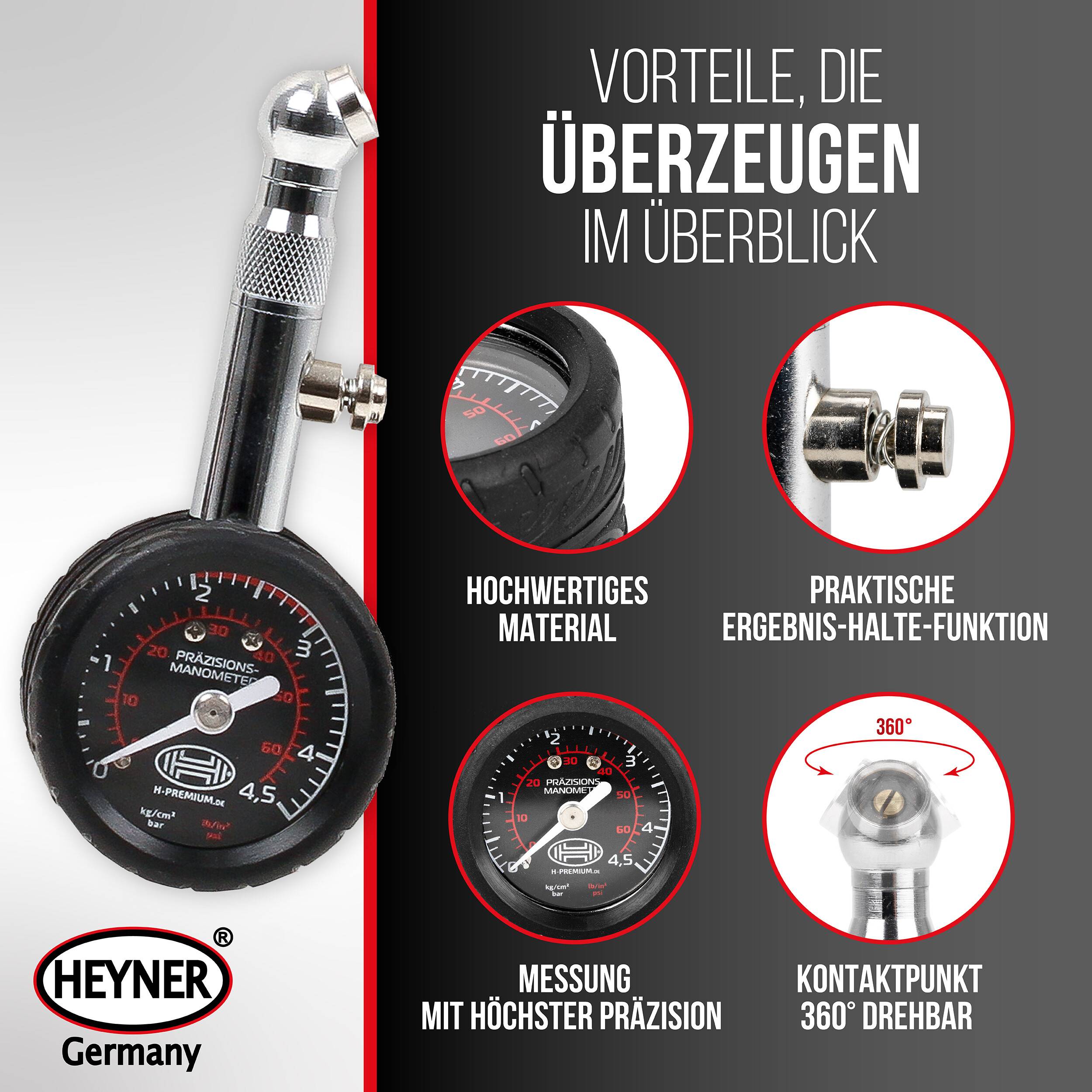 HEYNER® Reifendruckprüfer 4,5 bar, Manometer für Auto, Fahrrad & Motorrad mit Haltefunktion-3