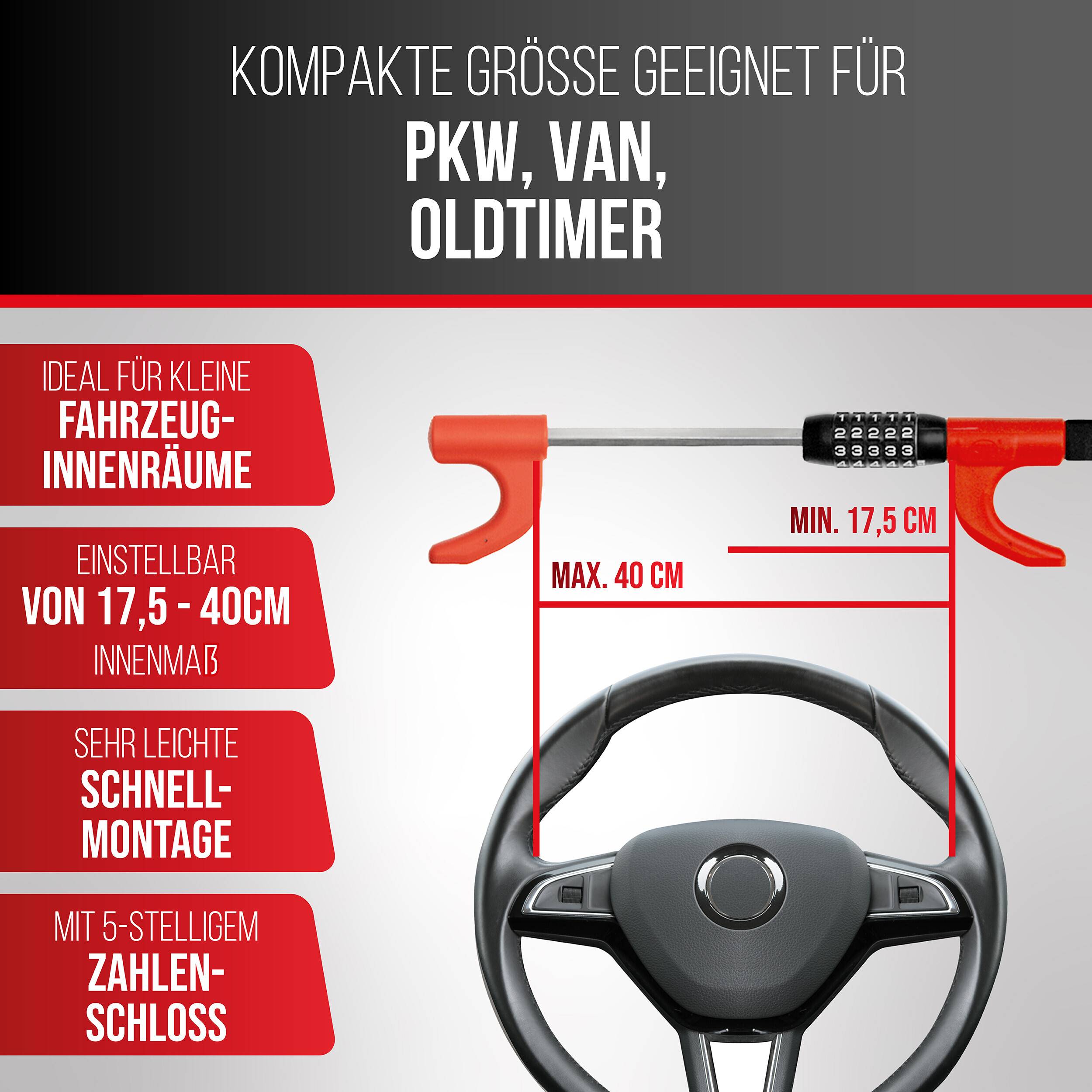 HEYNER® Lenkradsperre mit Zahlenschloss, kompakte Wegfahrsperre Lenkradkralle als Diebstahlschutz, für Autos,-1