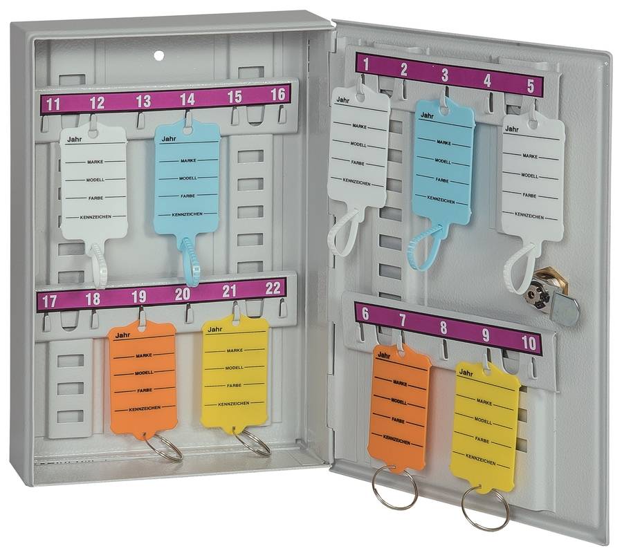 Schlüsselschrank,22 Haken,HxBxT 250x170x50mm,m. Hakenleiste verstellbar,nummeriert,Korpus RAL7035,Front RAL7035-0