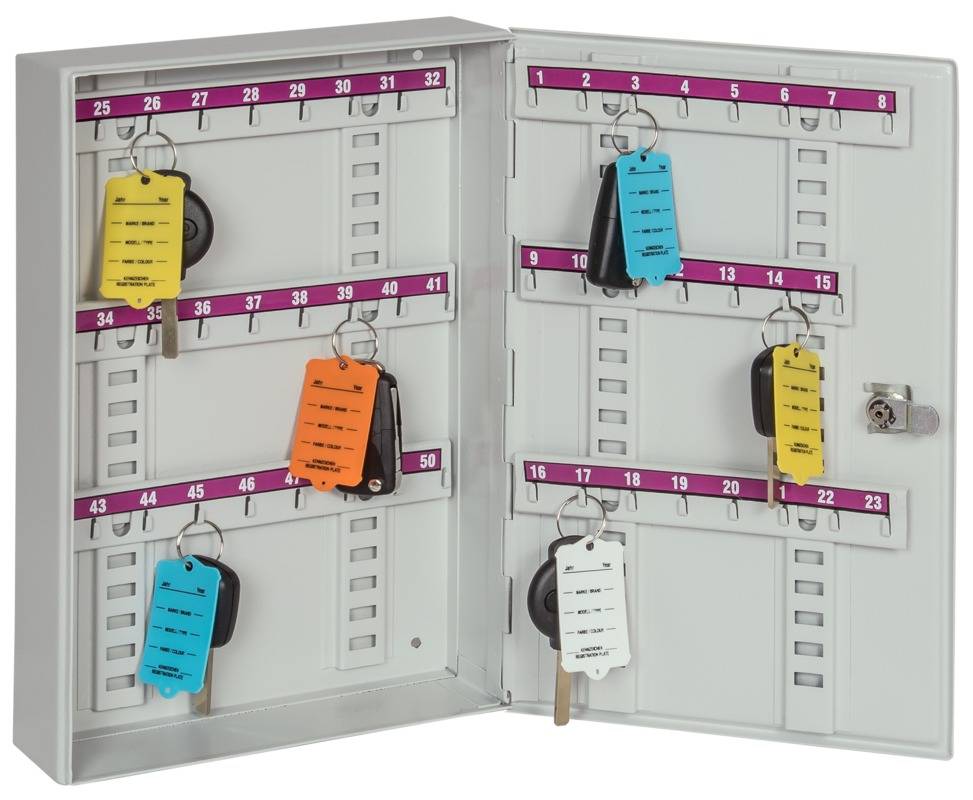 Schlüsselschrank,22 Haken,HxBxT 250x170x50mm,m. Hakenleiste verstellbar,nummeriert,Korpus RAL7035,Front RAL7035-2
