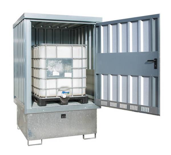Gefahrstoff-Depot,f. wasserg./brennbare Stoffe,HxBxT 2470x1535x1590mm,f. 1xIBC,m. Bodenwanne m. Gitterrost