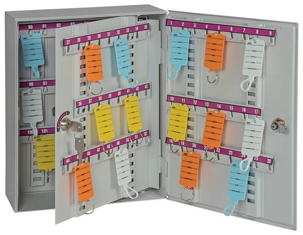 Schlüsselschrank,108 Haken,1 Zwischenwände,HxBxT 360x270x110mm,m. Hakenleiste verstellbar,nummeriert,Korpus RAL7035