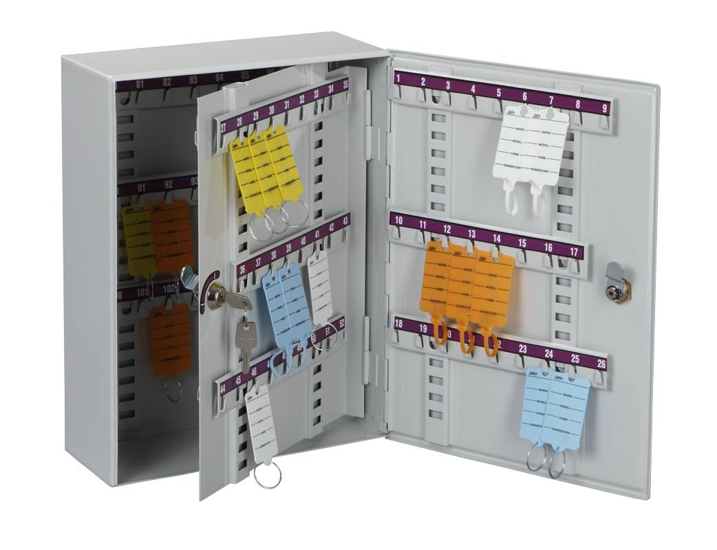 Schlüsselschrank,108 Haken,1 Zwischenwände,HxBxT 360x270x110mm,m. Hakenleiste verstellbar,nummeriert,Korpus RAL7035-1