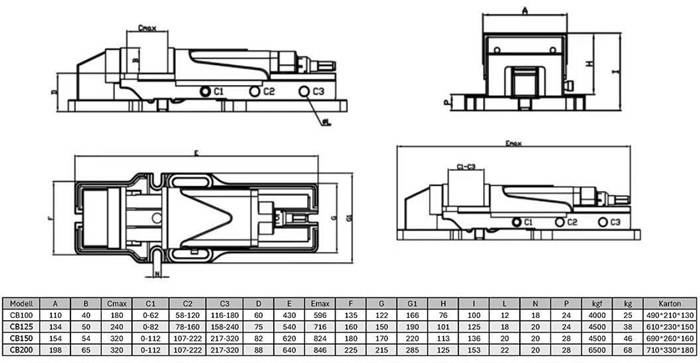 Maschinenschraubstock CB 150 Backen-B.155mm hydr. Spann-W.0-100/98-200/195-300mm-1