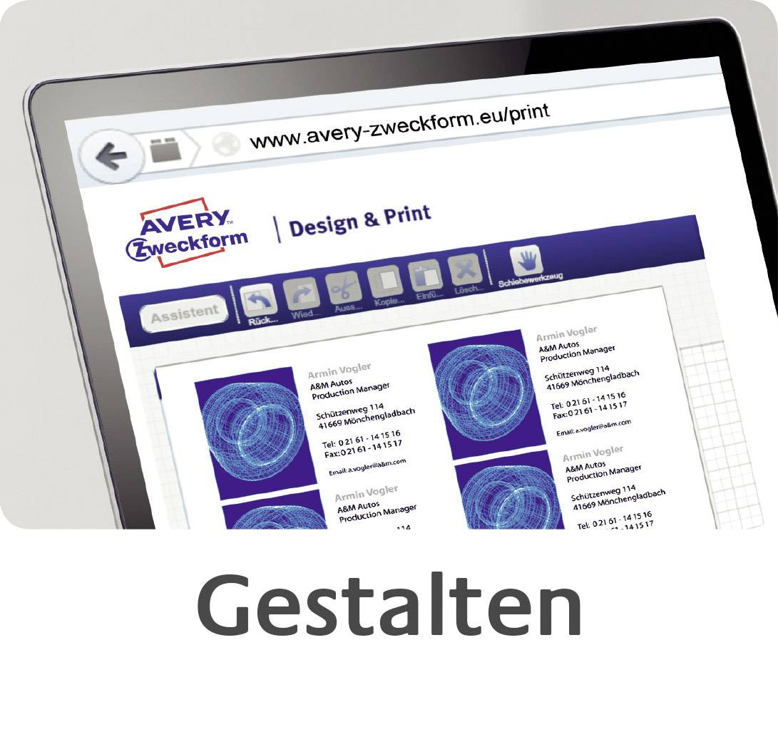 Eine Webseite zeigt ein geöffnetes Etikettendesign-Tool von Avery Zweckform auf einem Tablet mit dem Wort 'Gestalten' darunter.