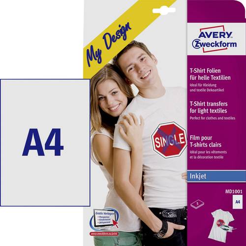 Avery-Zweckform My Design T-Shirt MD1001 Tintenstrahl Textilfolie DIN A4 für helle Textilien, Optimiert für Tintenstrahl...