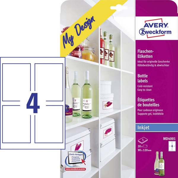 Avery-Zweckform MD4001 Flaschenetiketten 90 x 120 mm Papier Weiß 20 St. Permanent haftend Tintenstrahldrucker
