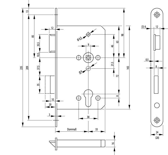 Panik-Einsteckschloss 1201 Fkt.E rd 20/65/72/9mm DIN R VA BKS-2