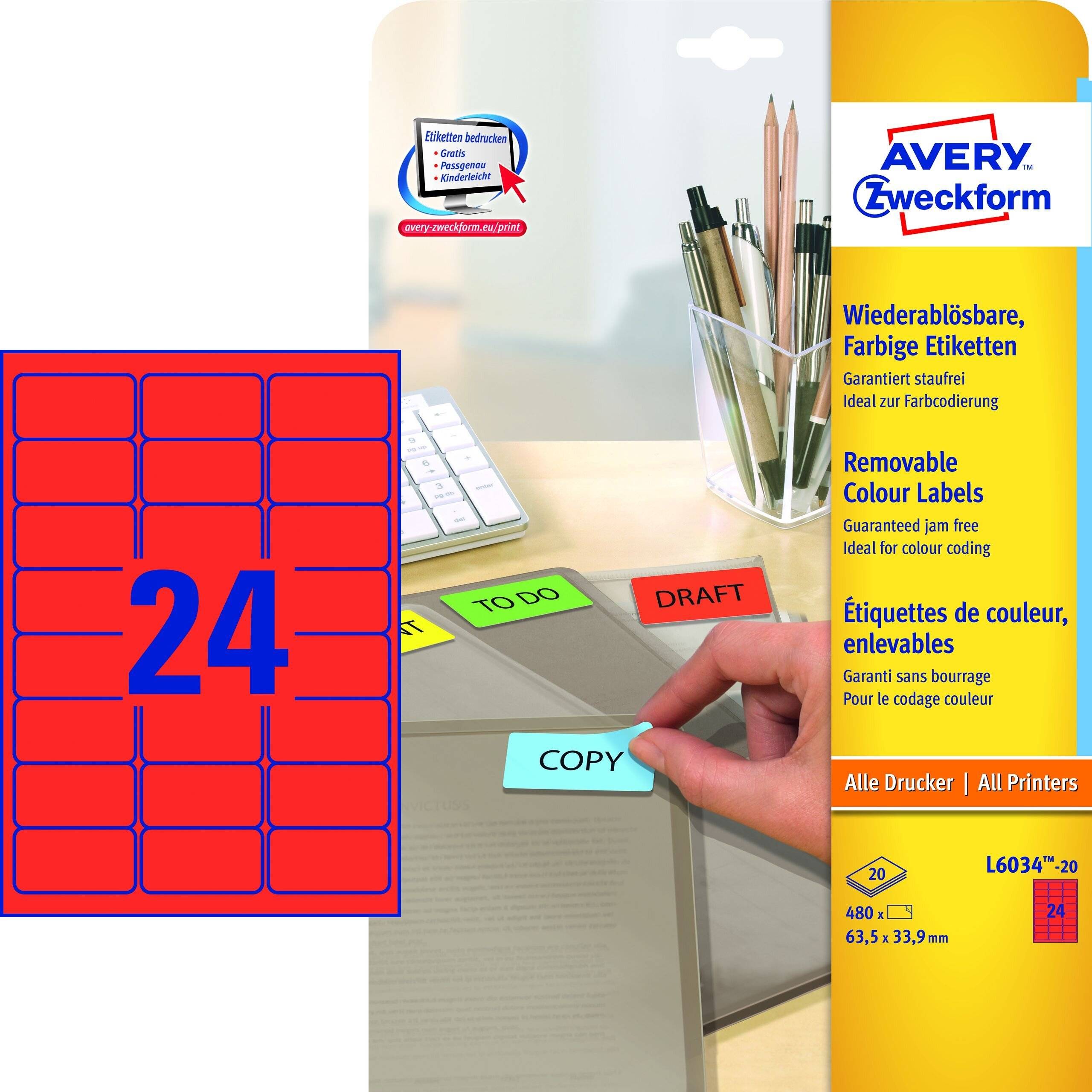 AVERY ZWECKFORM - Avery L6034 - Permanenter Klebstoff - Rot - 63.5 x 33.9 mm 480 Etikett(en) (20 Bogen x 24)-3