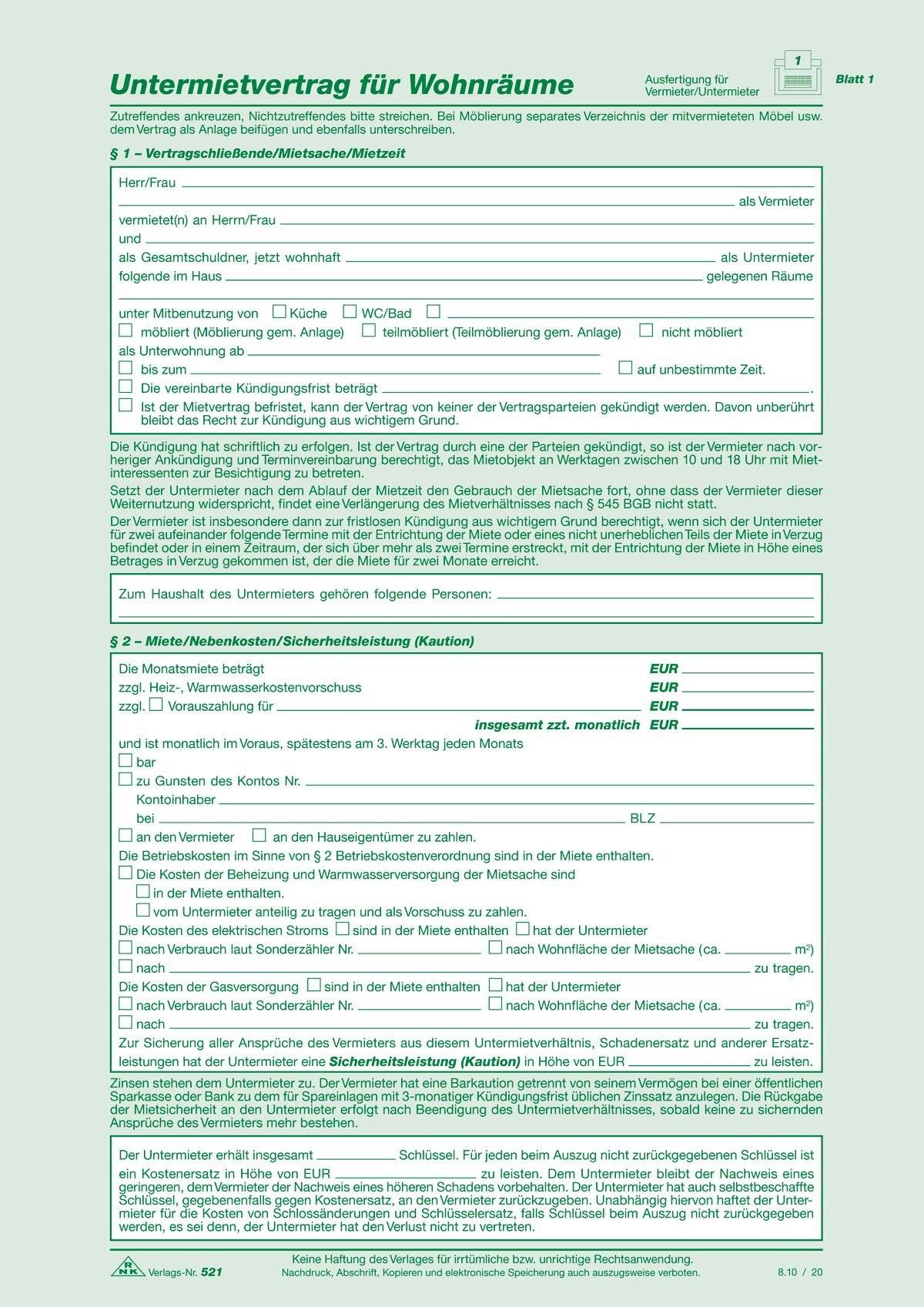 Untermietvertrag für Wohnräume SD 2x2 Blatt A4-2