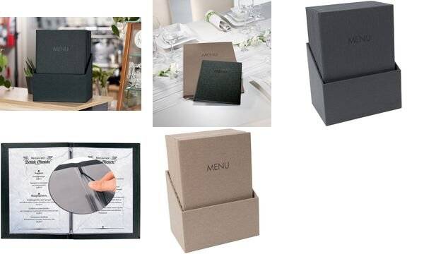 Speisekarten-Mappe Gummi-Bindung A4 Prägung MENU beige mit Box 10 Stück-2