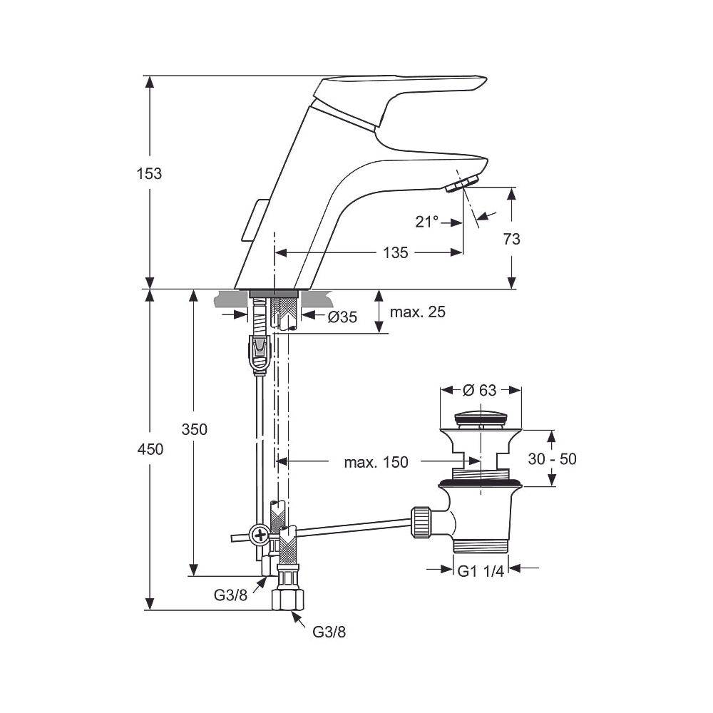 Ideal Standard Waschtisch-Armatur Ceramix Blue, ND, mit Ablaufgarnitur Ausladung 135mm, Chrom-1