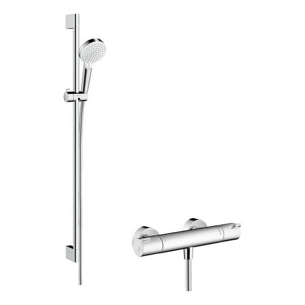 Hansgrohe Crometta Brausesystem Aufputz, 13,8l/min, Vario, Ecostat 1001 CL Thermostat, Brausestange 90cm, Weiß/Chrom