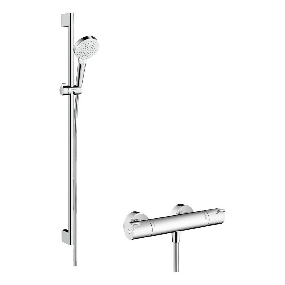 hansgrohe Crometta Brausesystem Aufputz Vario mit Ecostat 1001 CL Thermostat, Brausestange 900mm, Weiß/Chrom-0