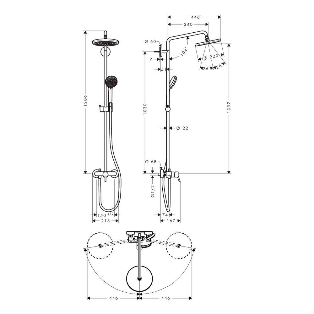 hansgrohe Croma Showerpipe 220mm 1jet 16l/min mit Einhebelmischer, Chrom-2