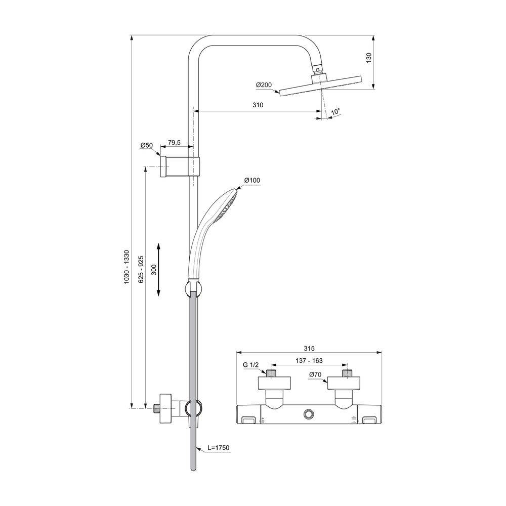 Ideal Standard Duschsystem Ceratherm T25 KB d:200mm mit Teleskopfunktion 1F-HB100mm Silk Black-1