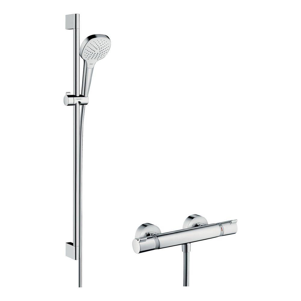 hansgrohe Croma Select E Brausesystem Aufputz Vario, 900mm Brausestange, Weiß/Chrom, Ecostat Comfort Thermostat-0