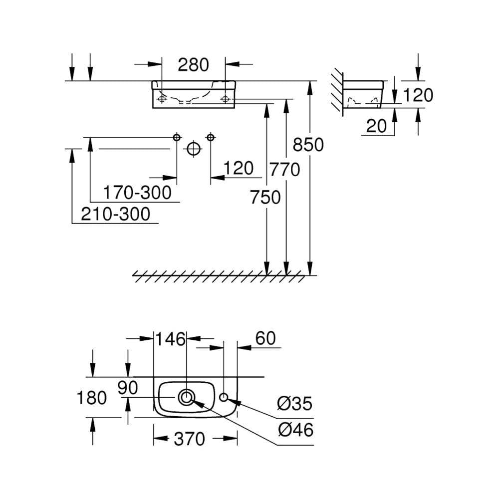 Grohe Mini-Handwaschbecken Euro Keramik, wandhängend, 370x180mm, 1 Hahnloch, aus Sanitärkeramik, Alpinweiß, 39327000-3