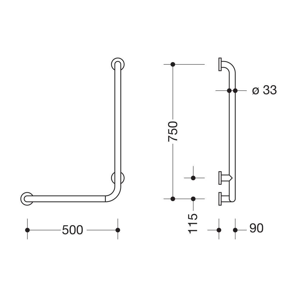 HEWI Winkelgriff Serie 805 Edelstahl, D 33mm, 750x500mm links-1