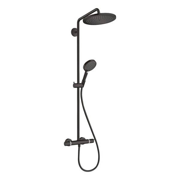 hansgrohe Croma Select S Showerpipe 280mm 1jet 15l/min, Mattschwarz mit Thermostat, Handbrause Raindance 120 3jet
