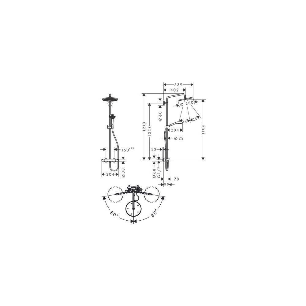 hansgrohe Croma Select S Showerpipe 280mm 1jet 15l/min, Mattschwarz mit Thermostat, Handbrause Raindance 120 3jet-2