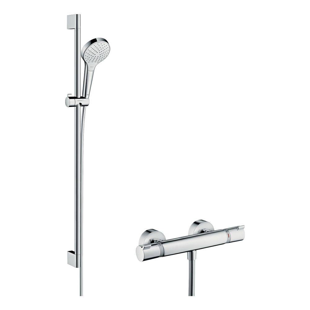 hansgrohe Croma Select S Brausesystem Aufputz Vario mit Brausestange 900mm Ecostat Comfort Thermostat, Weiß/Chrom-0