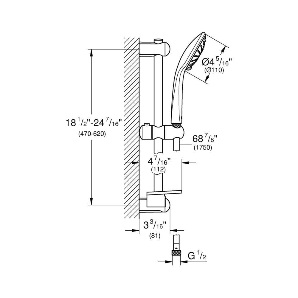 Grohe Euphoria 110 Massage Brausestangenset, Brausestange 600mm, 3 Strahlarten, Chrom, 27243001-3