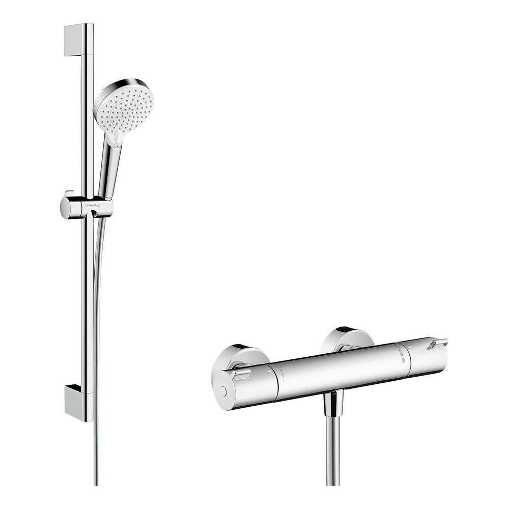 hansgrohe Crometta Brausesystem Aufputz Vario mit Ecostat 1001 CL Thermostat, Brausestange 650mm, Weiß/Chrom-0
