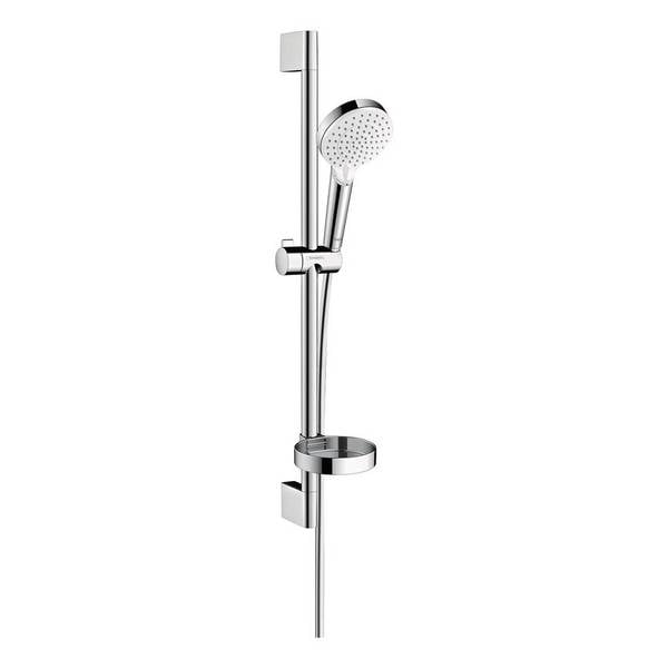 hansgrohe Crometta Brauseset 100mm Vario mit Brausestange 650mm 13,8l/min Seifenschale, Weiß/Chrom
