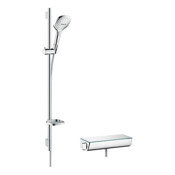 hansgrohe Raindance Select E Brausesystem Aufputz 120mm 14,4l/min 3jet Weiß/Chrom, Ecostat Thermostat, Brausestange