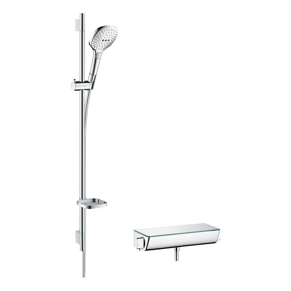 hansgrohe Raindance Select E Brausesystem Aufputz 120mm 14,4l/min 3jet Weiß/Chrom, Ecostat Thermostat, Brausestange-0