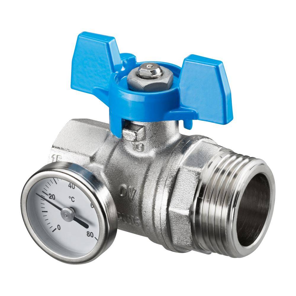 Oventrop Kugelhahn, Blauer Griff mit Thermometer, 1" IG x AG, flachdichtend, 1406584-0