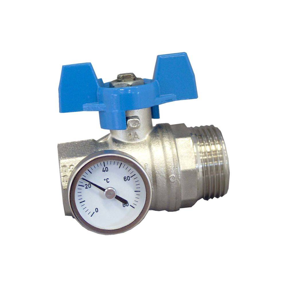 Oventrop Kugelhahn, Blauer Griff mit Thermometer, 1" IG x AG, flachdichtend, 1406584-3