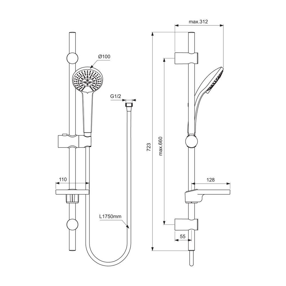 Ideal Standard Brausekombination Idealrain 720mm 3-Funktionshandbrause, d:100mm Chrom-1