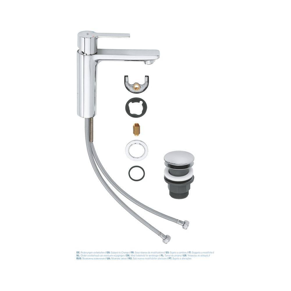 Grohe Lineare Einhand-Waschtischbatterie, S-Size, 1-Loch-Montage, glatter Körper, Push-Open-Garnitur 1 1/4", Chrom,-1